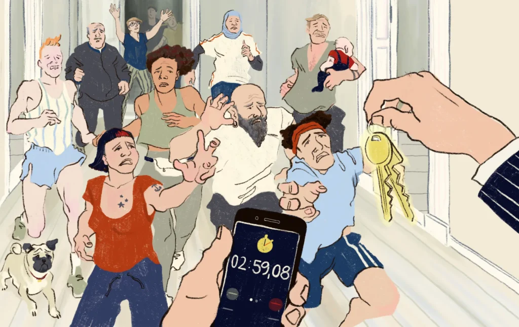 Chaotic crowd of apartment seekers rushing toward a front door with keys dangling and a timer on a phone – "If I Can't Find an Apartment", Berliner Zeitung, illustration by Lea Reusse