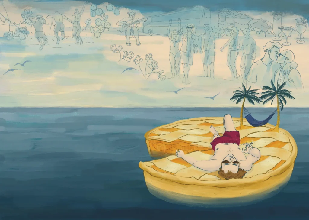 Young man lying on a giant pie floating in the sea, with palm trees and a faint crowd of beach wanderers in the background – "First Taste", Popshot Magazine, illustration by Lea Reusse