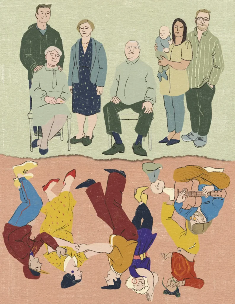 Split illustration showing a formal family portrait above and the same family dancing freely below – "Put Your Records On", Breathe Magazine, illustration by Lea Reusse