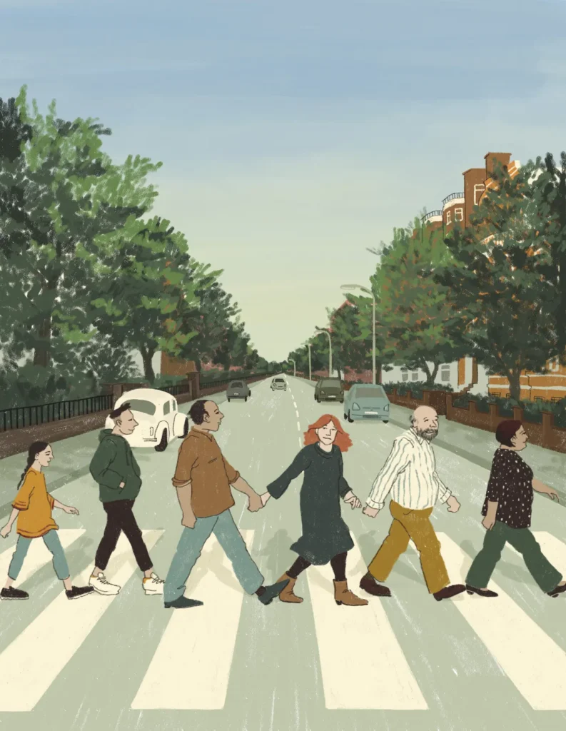Multi-generational family walking hand in hand across a zebra crossing on a tree-lined street – "Put Your Records On", Breathe Magazine, illustration by Lea Reusse