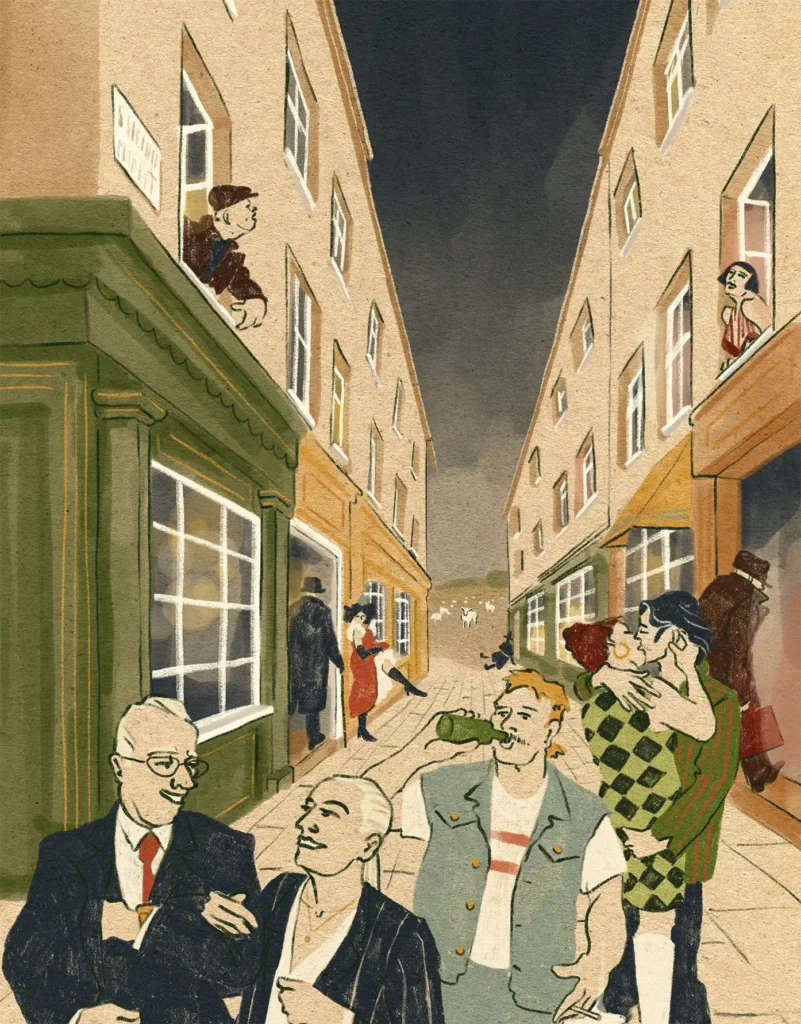 Lively crowd of characters on a narrow London alley at night with figures leaning out of windows above – "Shepherd Market", The Covent Gardener, illustration by Lea Reusse