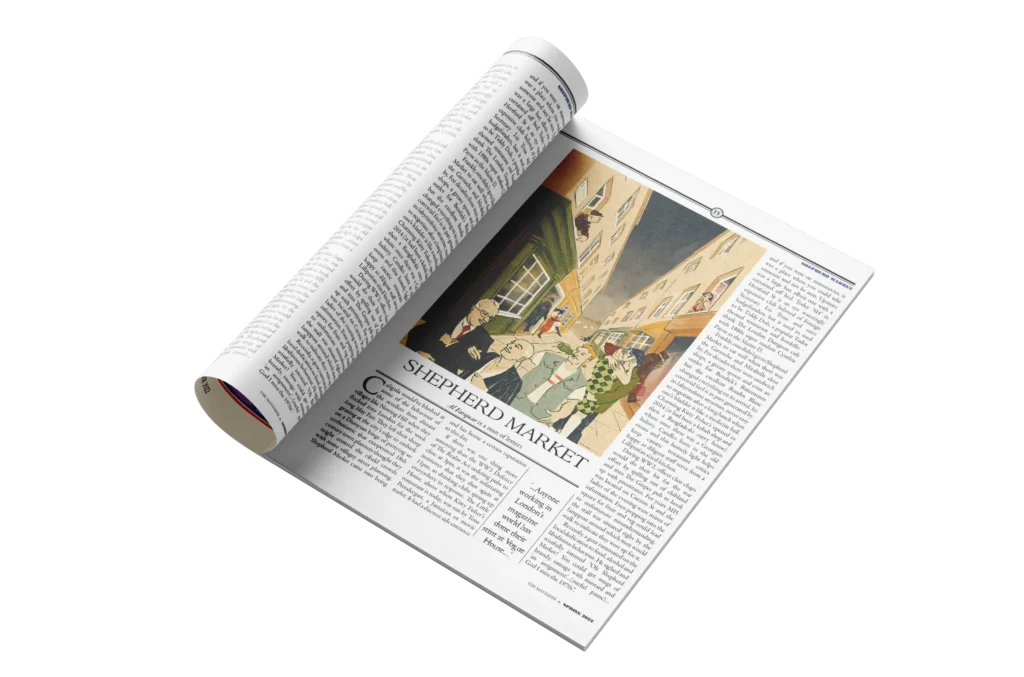 Magazine page rolled open showing the Shepherd Market illustration by Lea Reusse