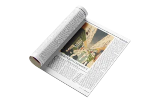 Magazine page rolled open showing the Shepherd Market illustration by Lea Reusse