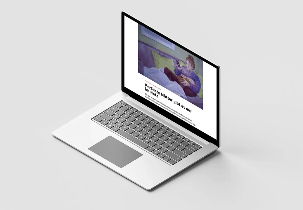 Laptop screen displaying "Perfect Mothers Only Exist Online" animated illustration by Lea Reusse