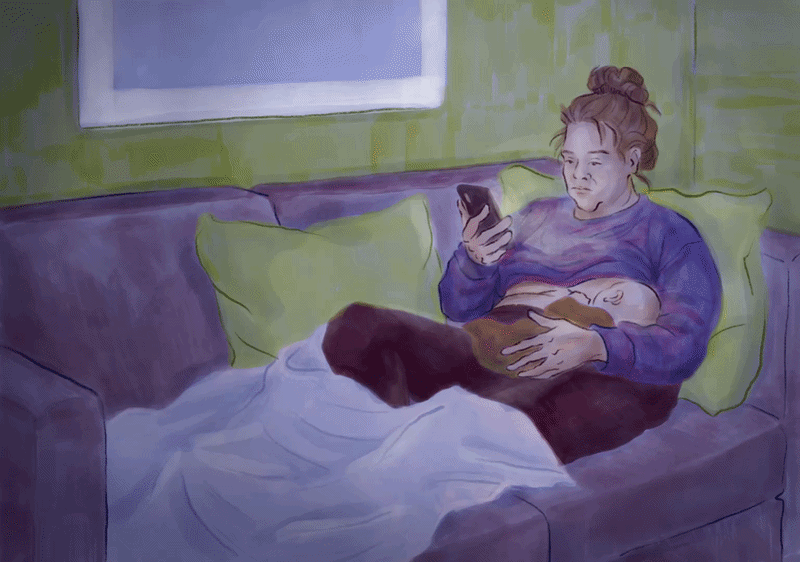 Animated Illustraton of a Mother on a couch nursing a baby while scrolling her phone, surrounded by overwhelming social media comments – "Perfect Mothers Only Exist Online", personal illustration by Lea Reusse
