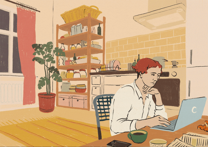 erson with red hair working on a laptop at a kitchen table surrounded by plants and shelves – illustration by Lea Reusse