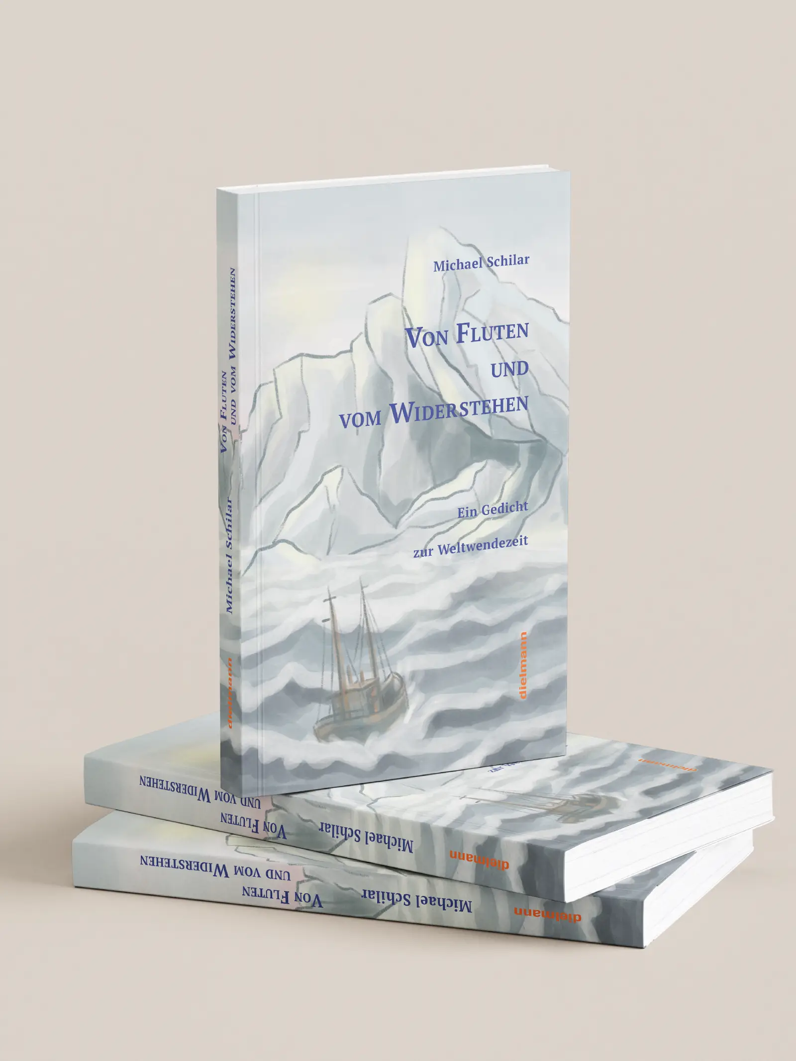 Paperback edition of "Von Fluten und vom Widerstehen" standing upright on a stack of two books, the cover showing towering icebergs and a small ship in rough seas – cover illustration by Lea Reusse for axel dielmann – verlag