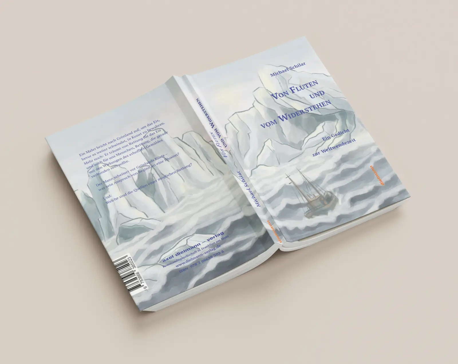 Opened paperback revealing the full wraparound cover: one continuous panorama of icebergs and stormy seas spanning back cover, spine, and front – "Von Fluten und vom Widerstehen", axel dielmann – verlag, cover illustration by Lea Reusse