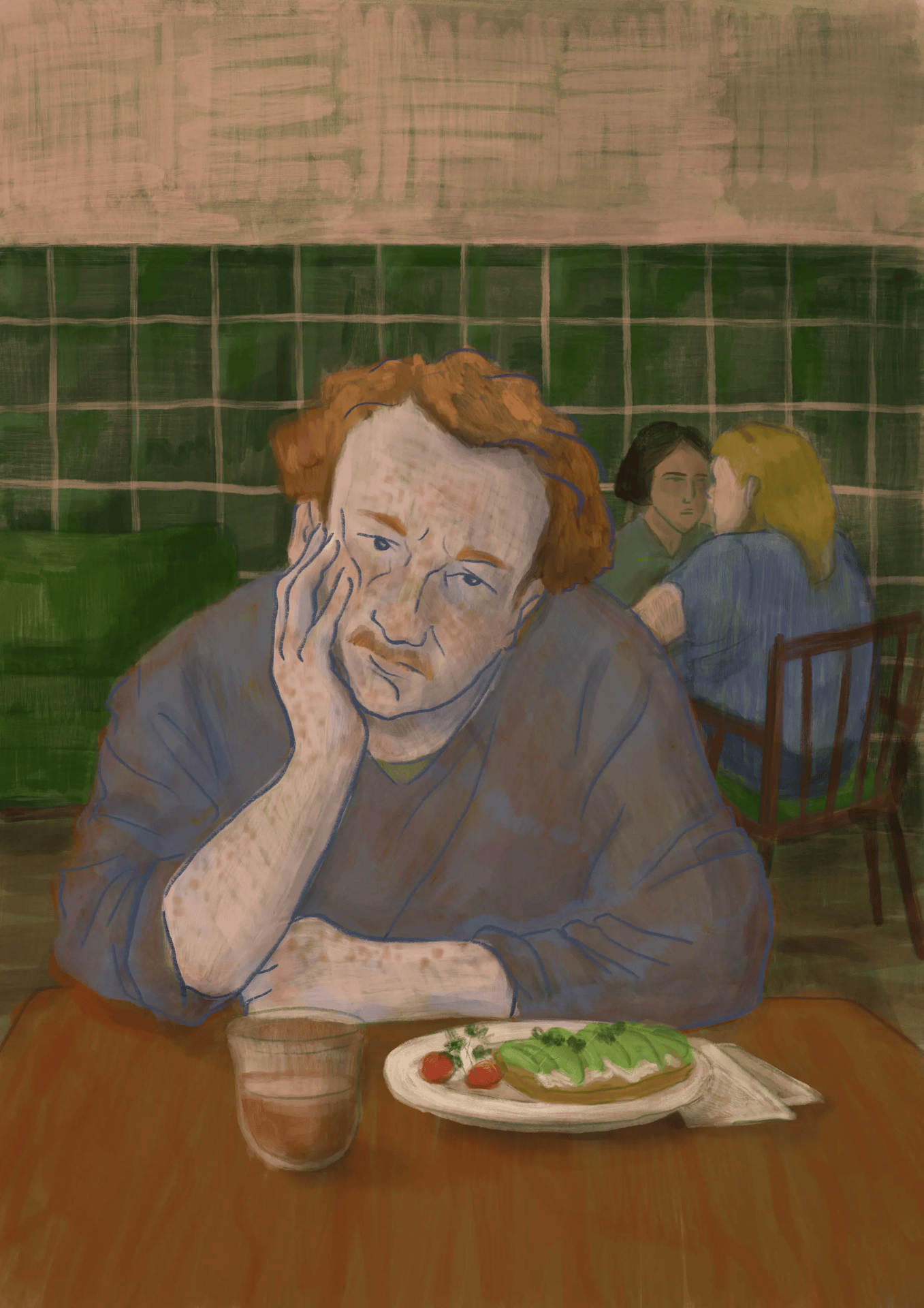 Animated loop of three café portraits – a red-haired person over a meal, a woman writing with a cat beside her, and a tattooed man with a cup of tea – "Just Being Here.", personal illustration by Lea Reusse